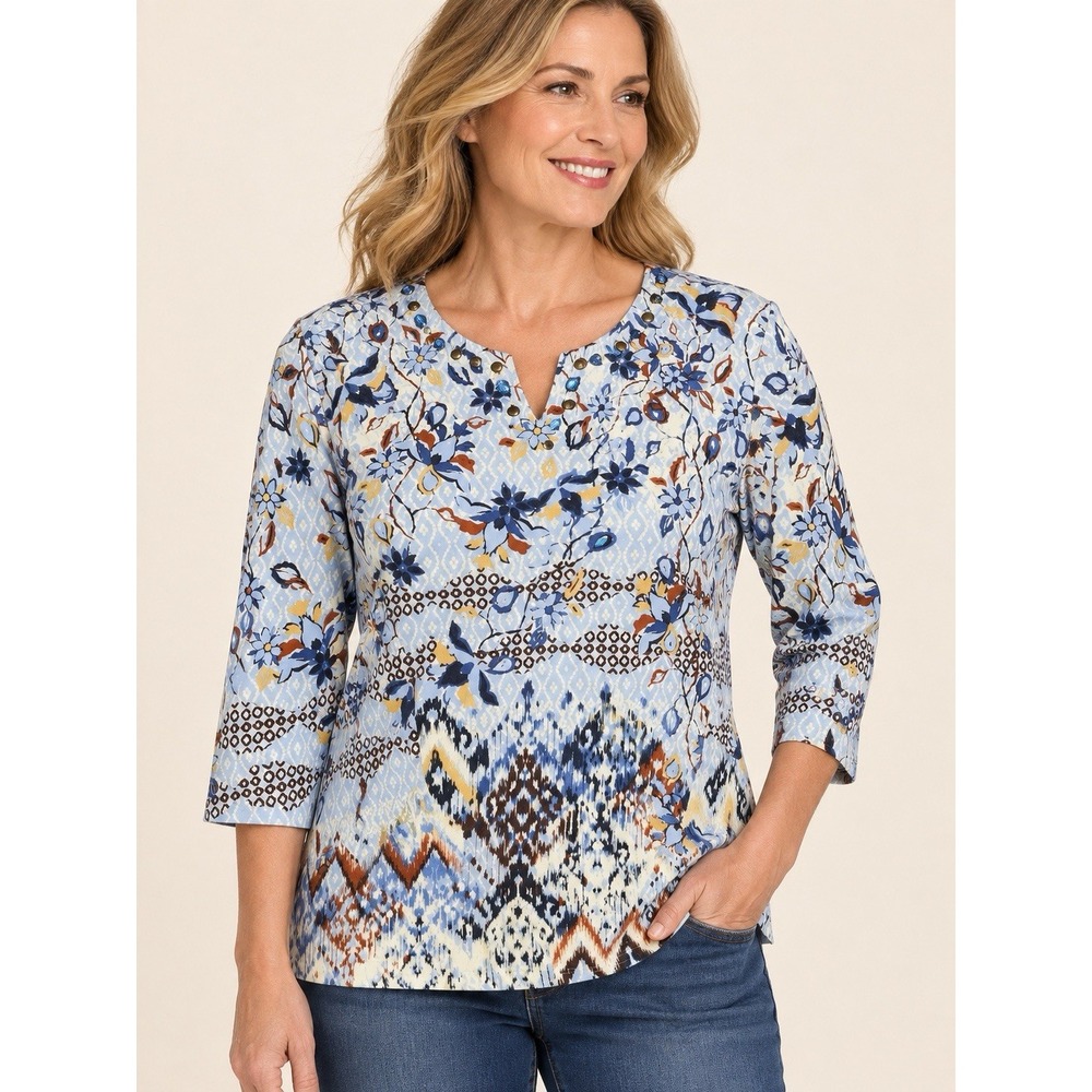 Alfred Dunner Womens M Blue Floral Embellished 3/4 Sleeve Stretch Top Notch Neck